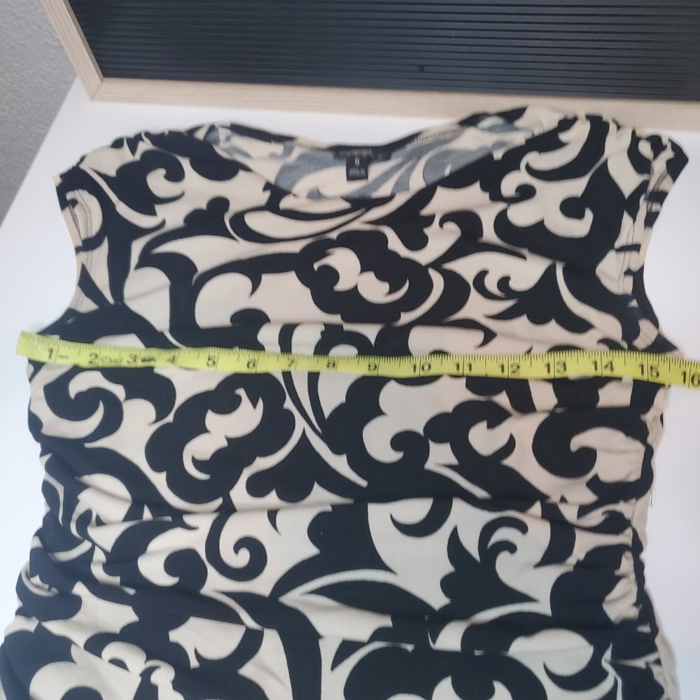 Enfocus Studio I Cream/Black Vine Patterned A-Line Scoop Neck Ruched Dre… - Picture 12 of 14